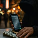 Anonieme persoon met smartphone vol walletadressen schuift een envelop met dollars over een tafeltje in een nachtelijke straat