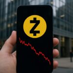 Hand met smartphone waarop het Zcash-logo en een dalende rode koersgrafiek te zien zijn, voor een kantoorgebouw in New York