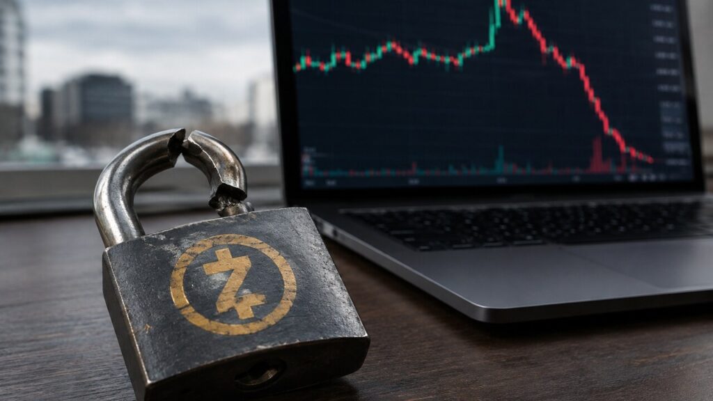Gebarsten hangslot met het Zcash-logo naast een laptop waarop een rood dalende koersgrafiek te zien is