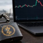 Gebarsten hangslot met het Zcash-logo naast een laptop waarop een rood dalende koersgrafiek te zien is