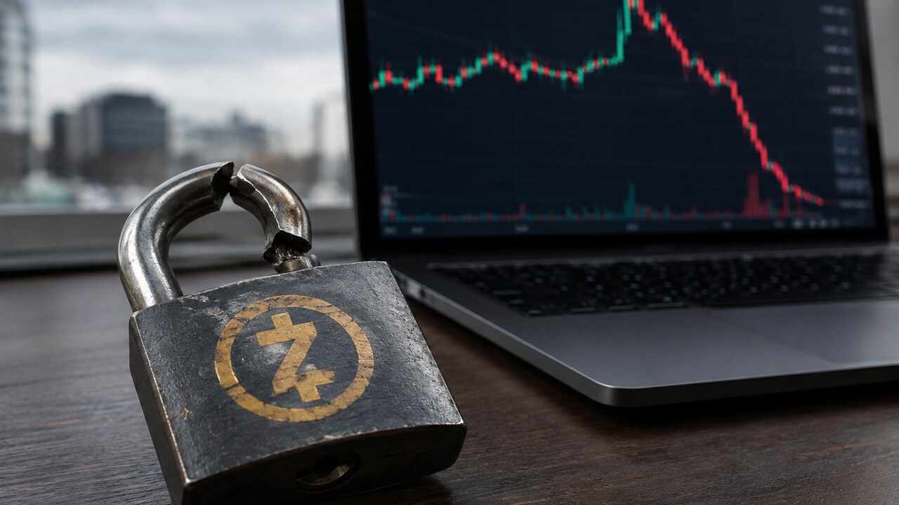 Gebarsten hangslot met het Zcash-logo naast een laptop waarop een rood dalende koersgrafiek te zien is
