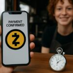 Hand met smartphone die een bevestigde Zcash-betaling toont, naast een stopwatch op de toonbank van een koffiekiosk