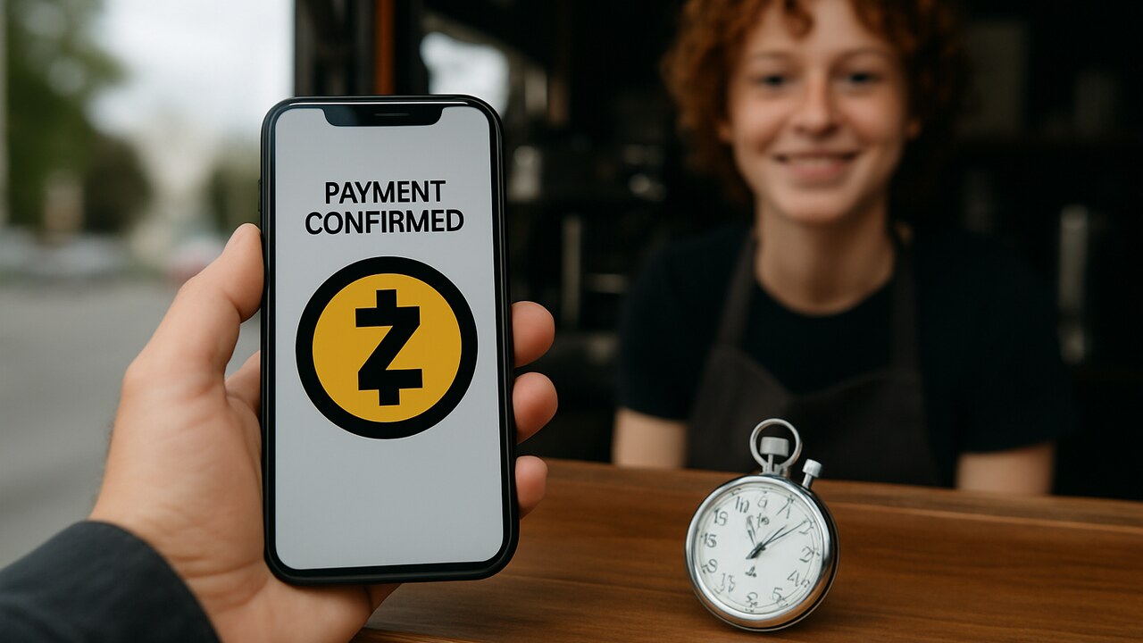 Hand met smartphone die een bevestigde Zcash-betaling toont, naast een stopwatch op de toonbank van een koffiekiosk