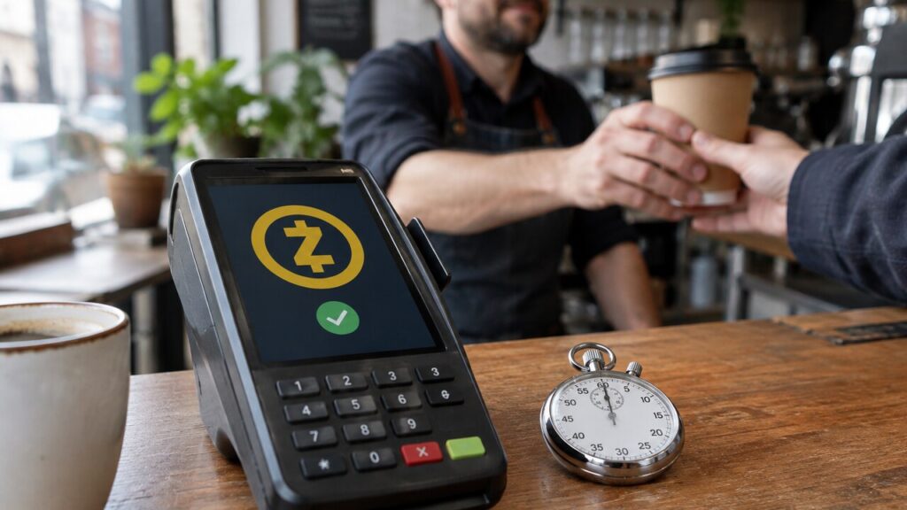 Betaalterminal in een café met het Zcash-logo en een groen vinkje op het scherm, naast een stopwatch