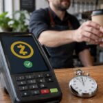 Betaalterminal in een café met het Zcash-logo en een groen vinkje op het scherm, naast een stopwatch