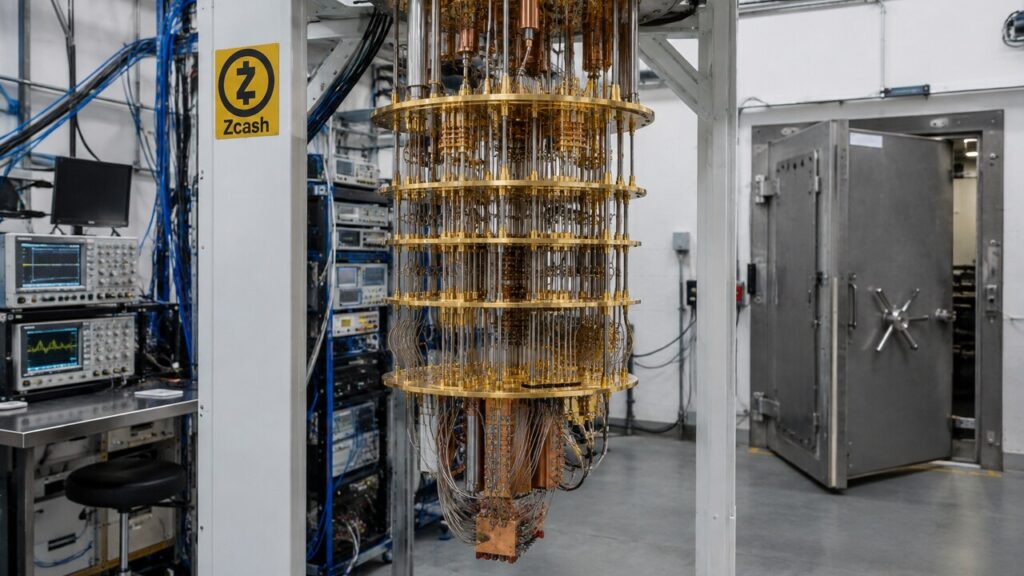 Quantumcomputer met gouden koelconstructie in een laboratorium, met een Zcash-logo op het frame en een zware stalen deur op de achtergrond