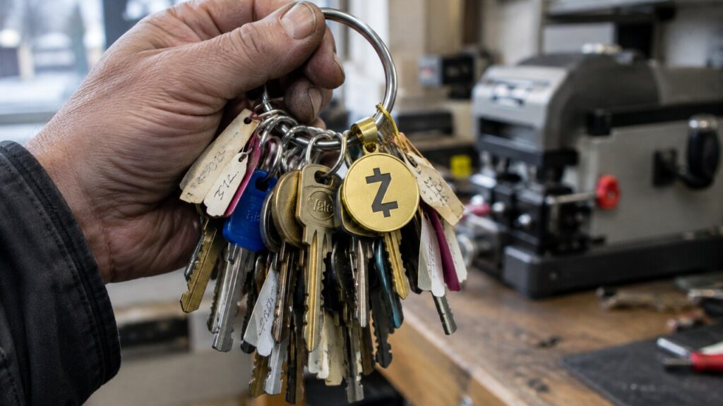 Hand houdt een sleutelbos met veel verschillende sleutels vast, met een goudkleurige hanger met het Zcash-logo