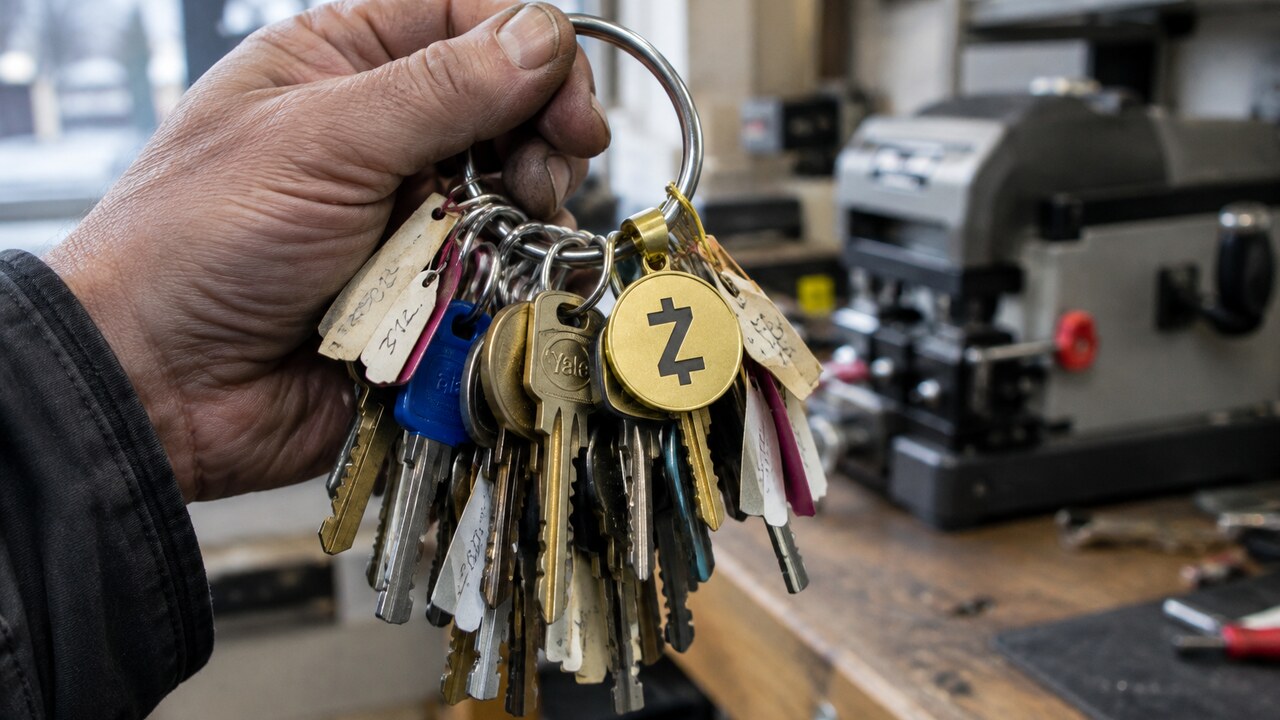 Hand houdt een sleutelbos met veel verschillende sleutels vast, met een goudkleurige hanger met het Zcash-logo