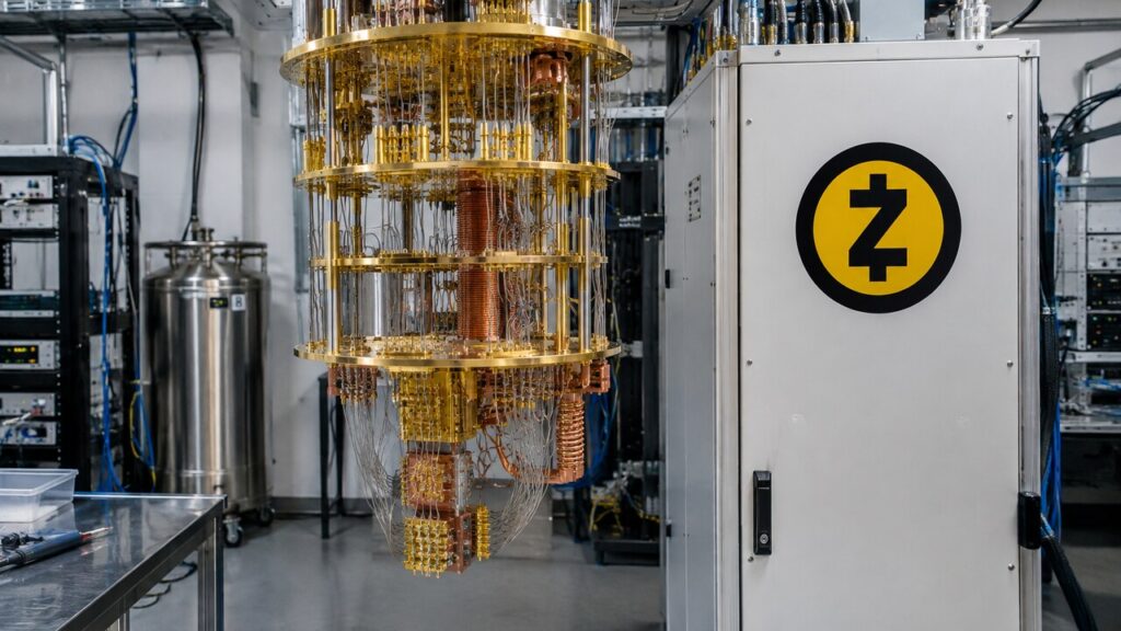 Gouden quantumcomputer in een onderzoekslab met het Zcash-logo op een kast ernaast