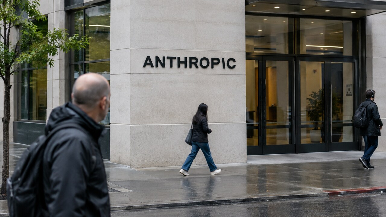 Gevel van een kantoorgebouw van Anthropic in San Francisco met het logo, voorbijgangers op een bewolkte middag