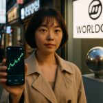 Jonge vrouw in Seoul toont een stijgende koersgrafiek op haar telefoon voor een winkel met het Worldcoin-logo en een Orb-apparaat