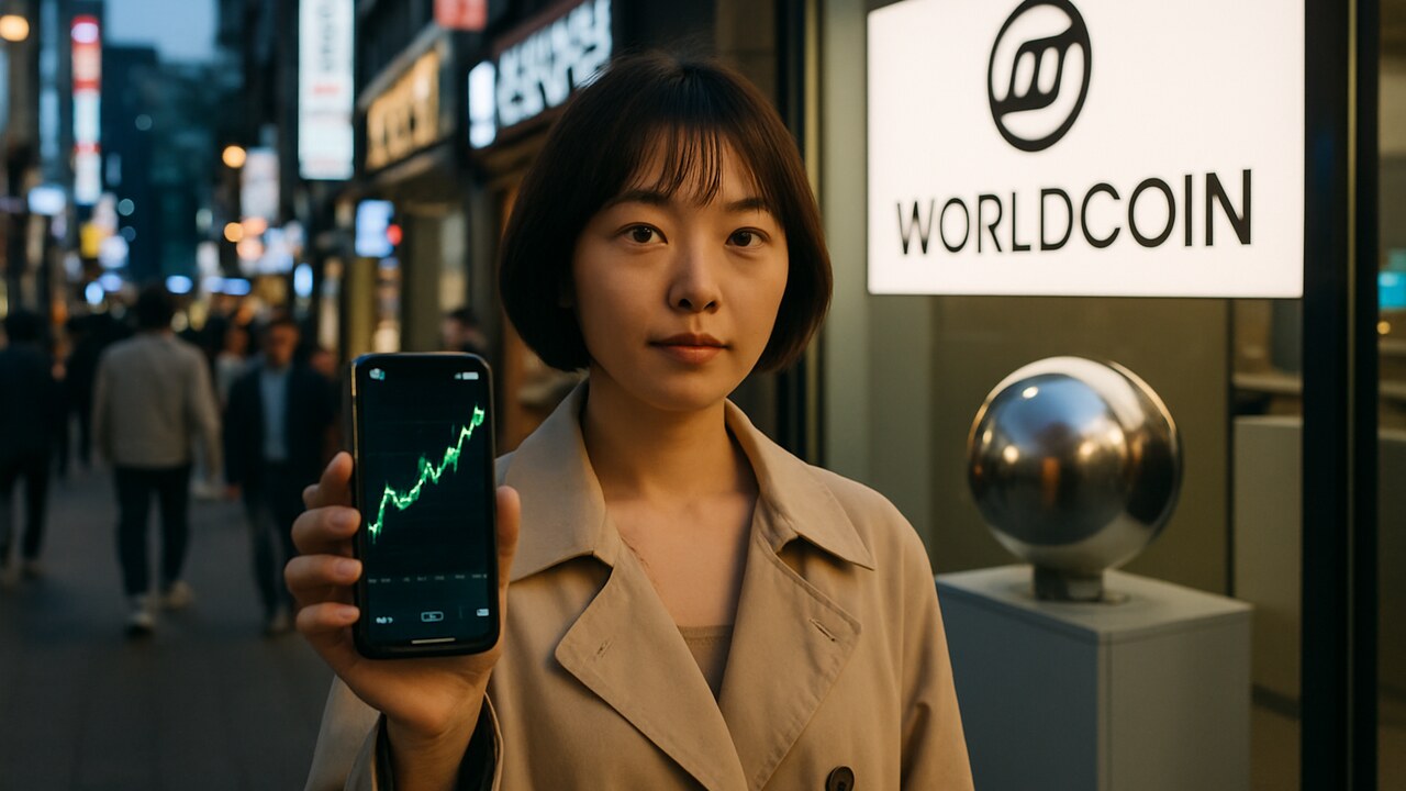Jonge vrouw in Seoul toont een stijgende koersgrafiek op haar telefoon voor een winkel met het Worldcoin-logo en een Orb-apparaat