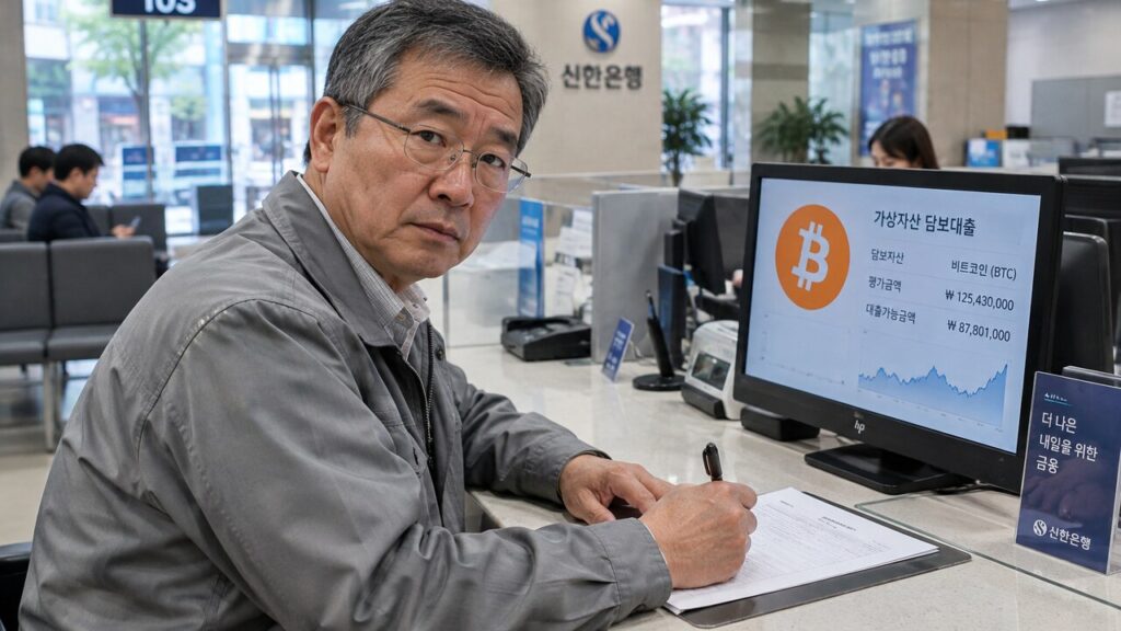 Koreaanse ondernemer tekent leningpapieren aan een bankloket, met op het klantenscherm een groot Bitcoin-logo