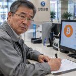 Koreaanse ondernemer tekent leningpapieren aan een bankloket, met op het klantenscherm een groot Bitcoin-logo