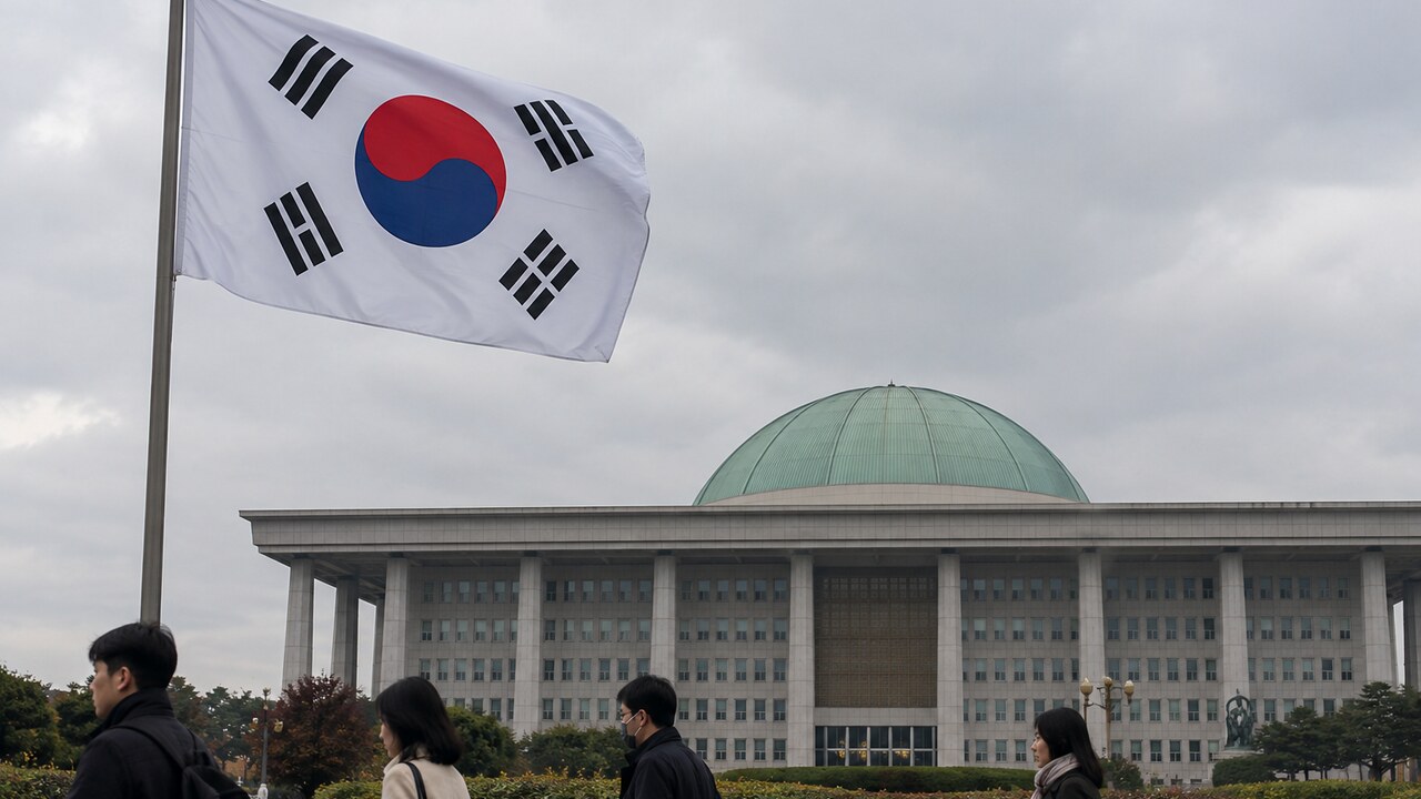 Zuid-Koreaanse vlag wappert voor het parlementsgebouw met groene koepel in Seoul op een bewolkte herfstdag